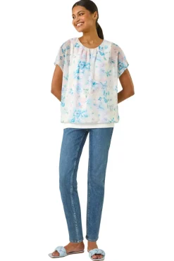 Roman Blue Floral Print Bubble Hem Top
