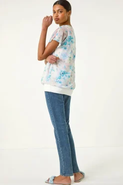 Roman Blue Floral Print Bubble Hem Top