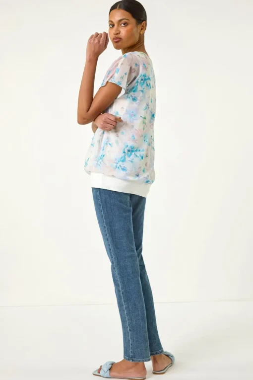 Roman Blue Floral Print Bubble Hem Top