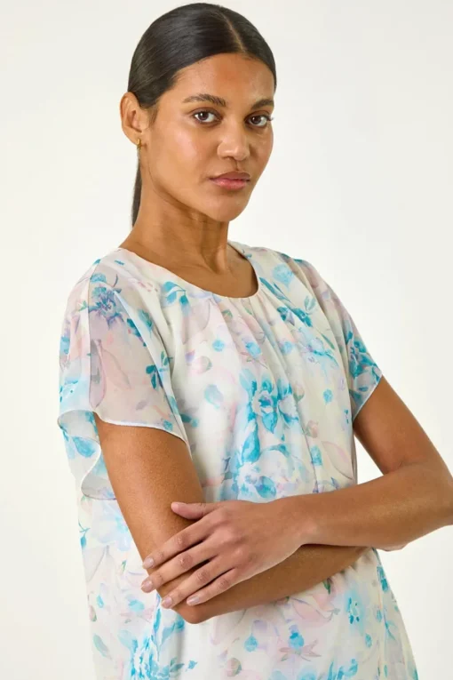 Roman Blue Floral Print Bubble Hem Top