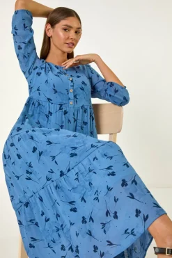 Roman Blue Floral Print Button Midi Dress