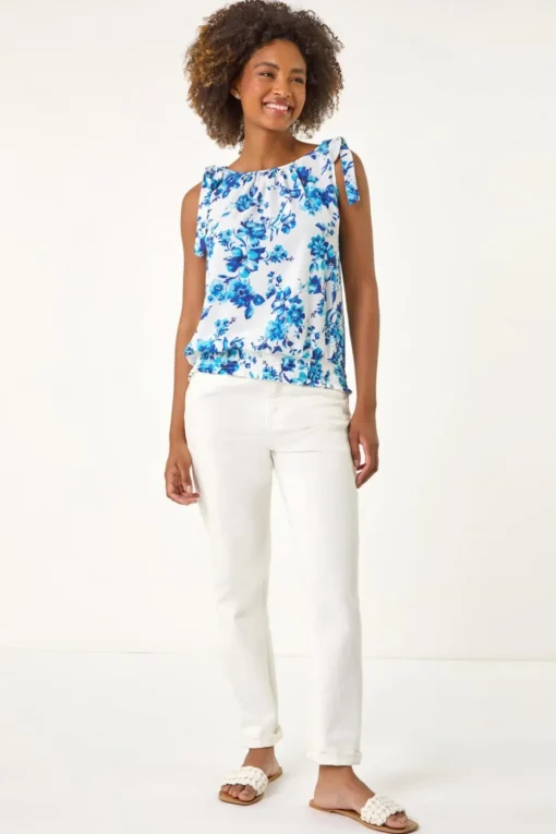 Roman Blue Floral Print Bow Detail Stretch Top