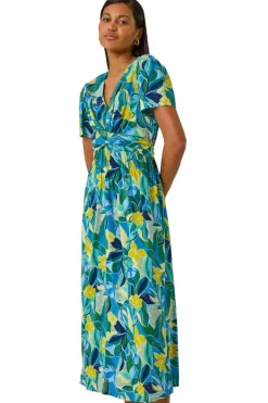 Roman Blue Floral Print Crossover Midi Dress