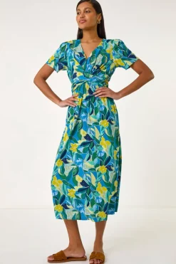 Roman Blue Floral Print Crossover Midi Dress