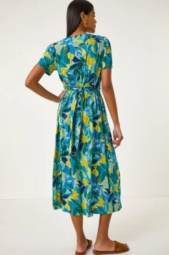 Roman Blue Floral Print Crossover Midi Dress