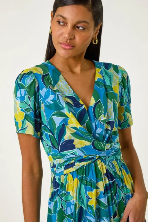 Roman Blue Floral Print Crossover Midi Dress