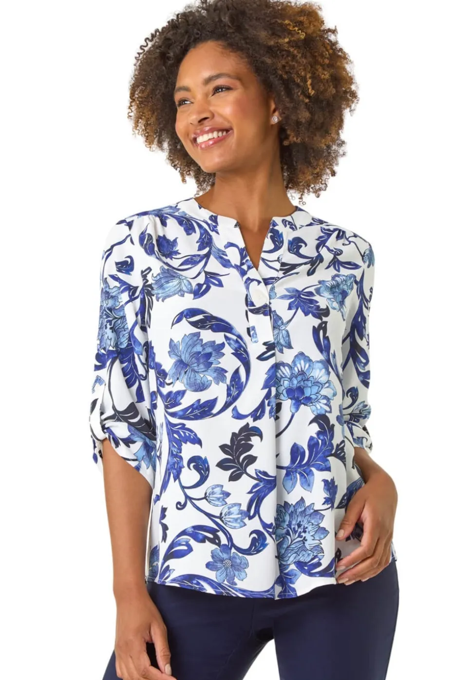 Roman Blue Floral Print Gathered Blouse