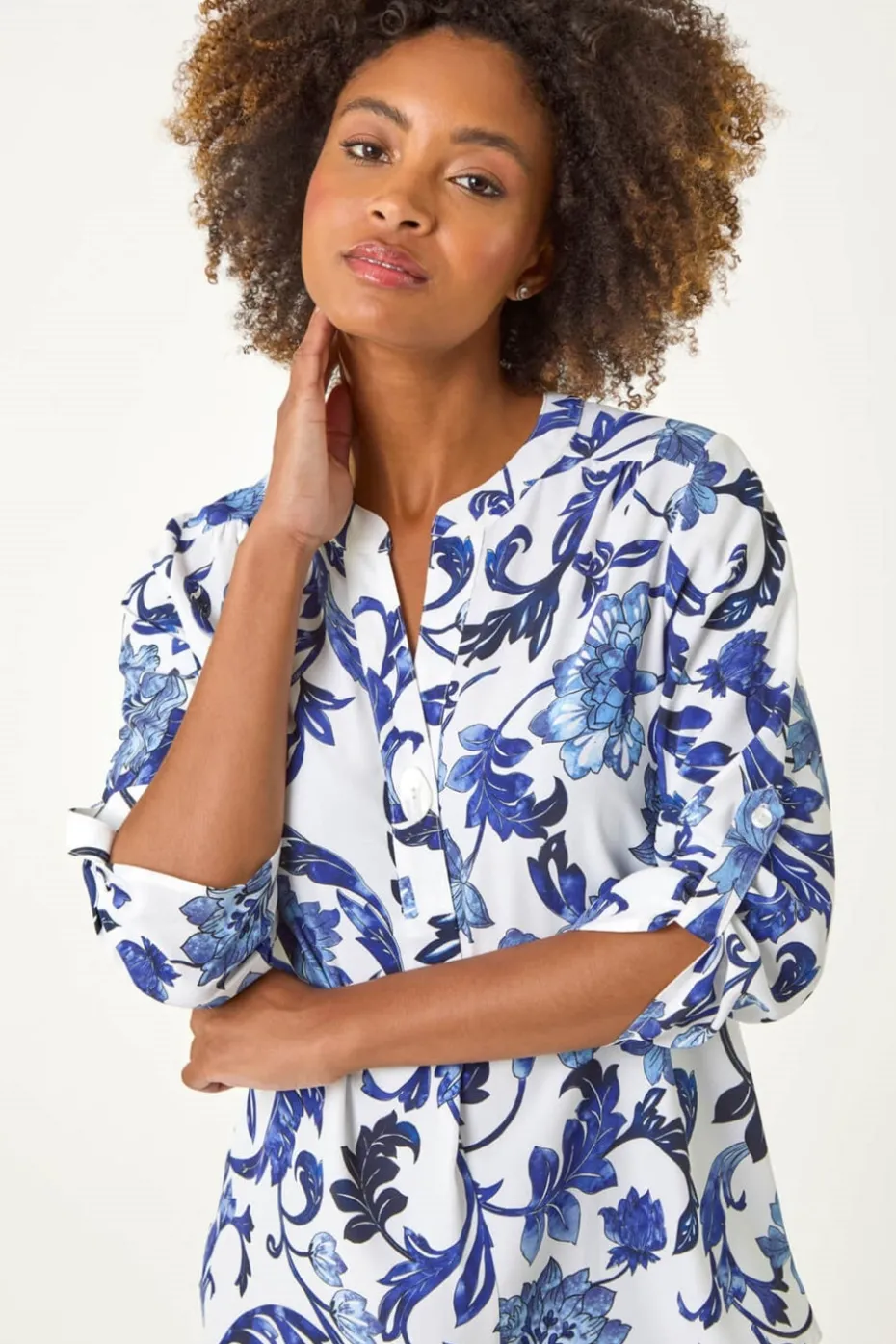 Roman Blue Floral Print Gathered Blouse