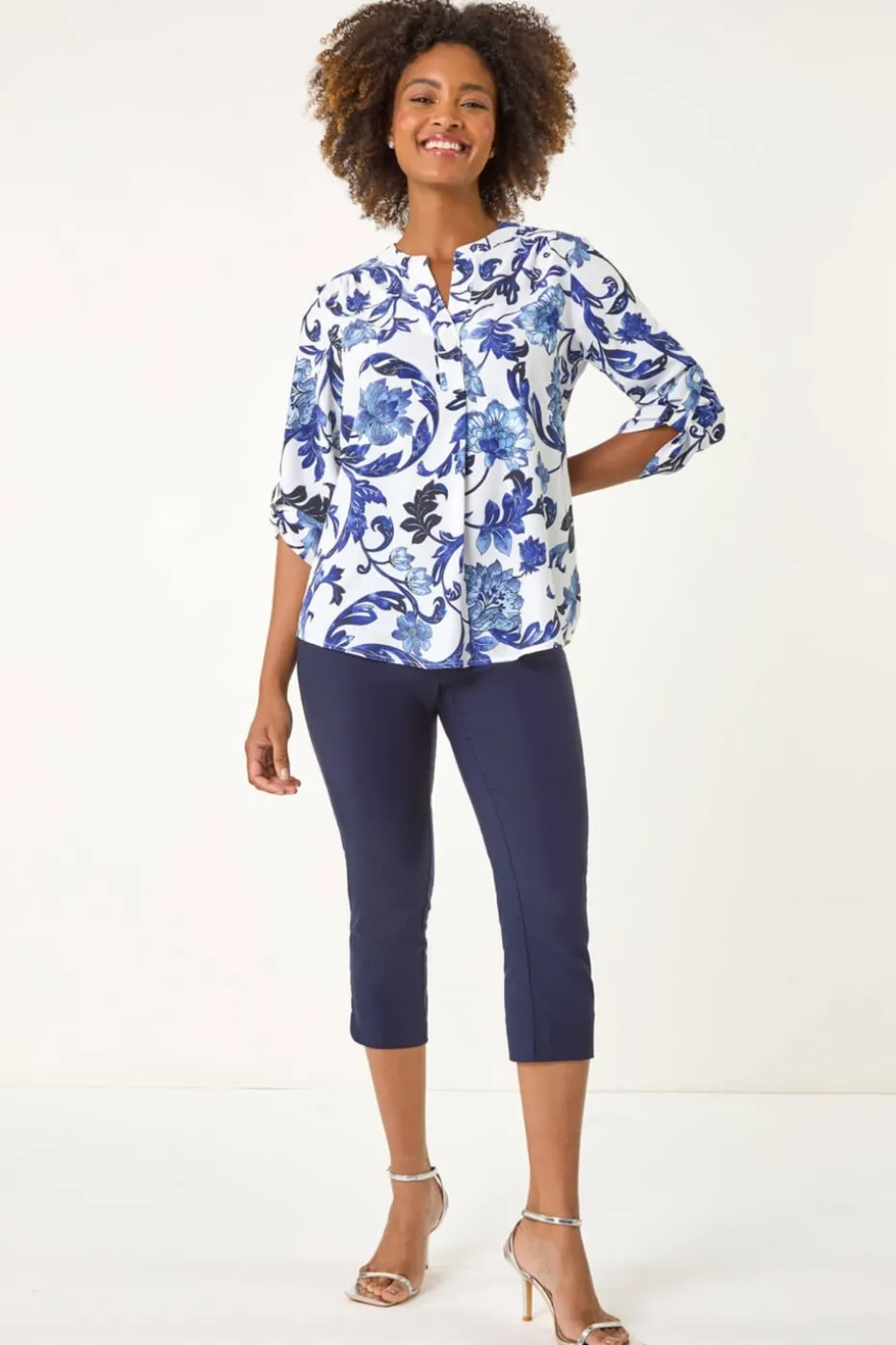 Roman Blue Floral Print Gathered Blouse