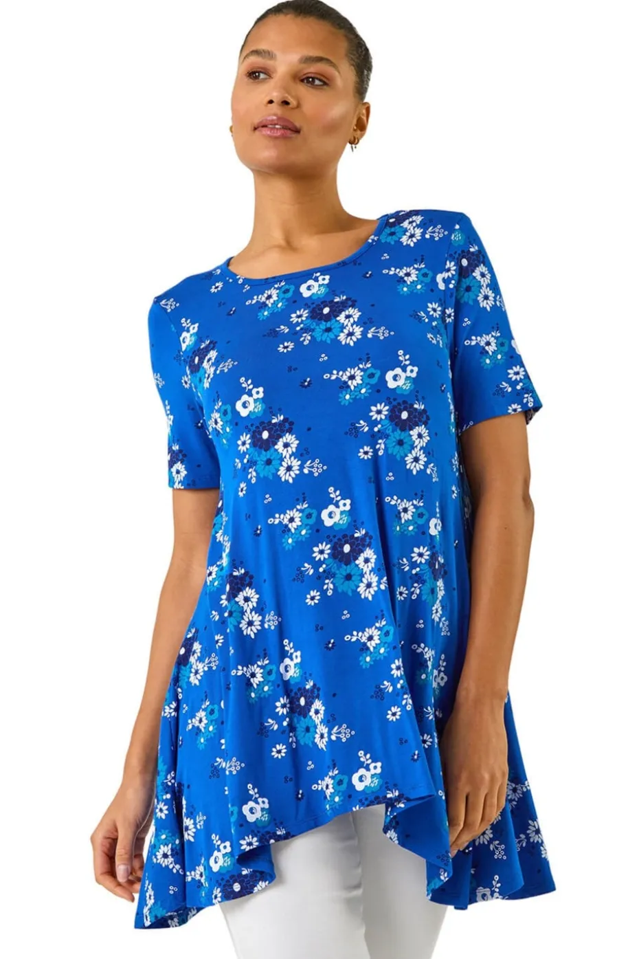 Roman Blue Floral Print Hanky Hem Tunic Top