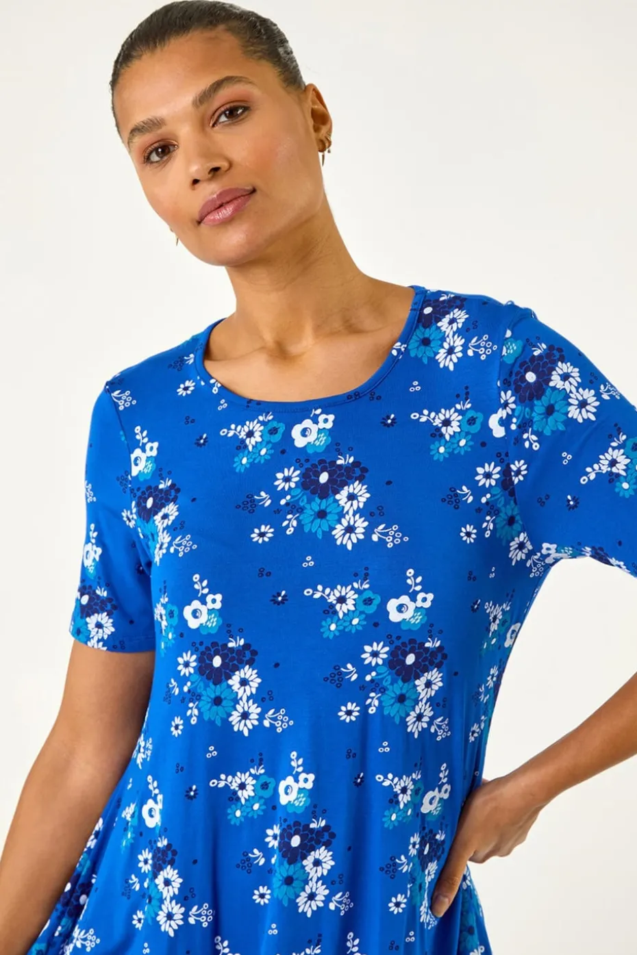 Roman Blue Floral Print Hanky Hem Tunic Top