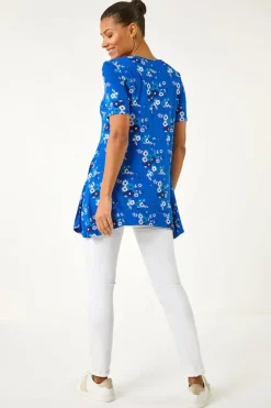 Roman Blue Floral Print Hanky Hem Tunic Top