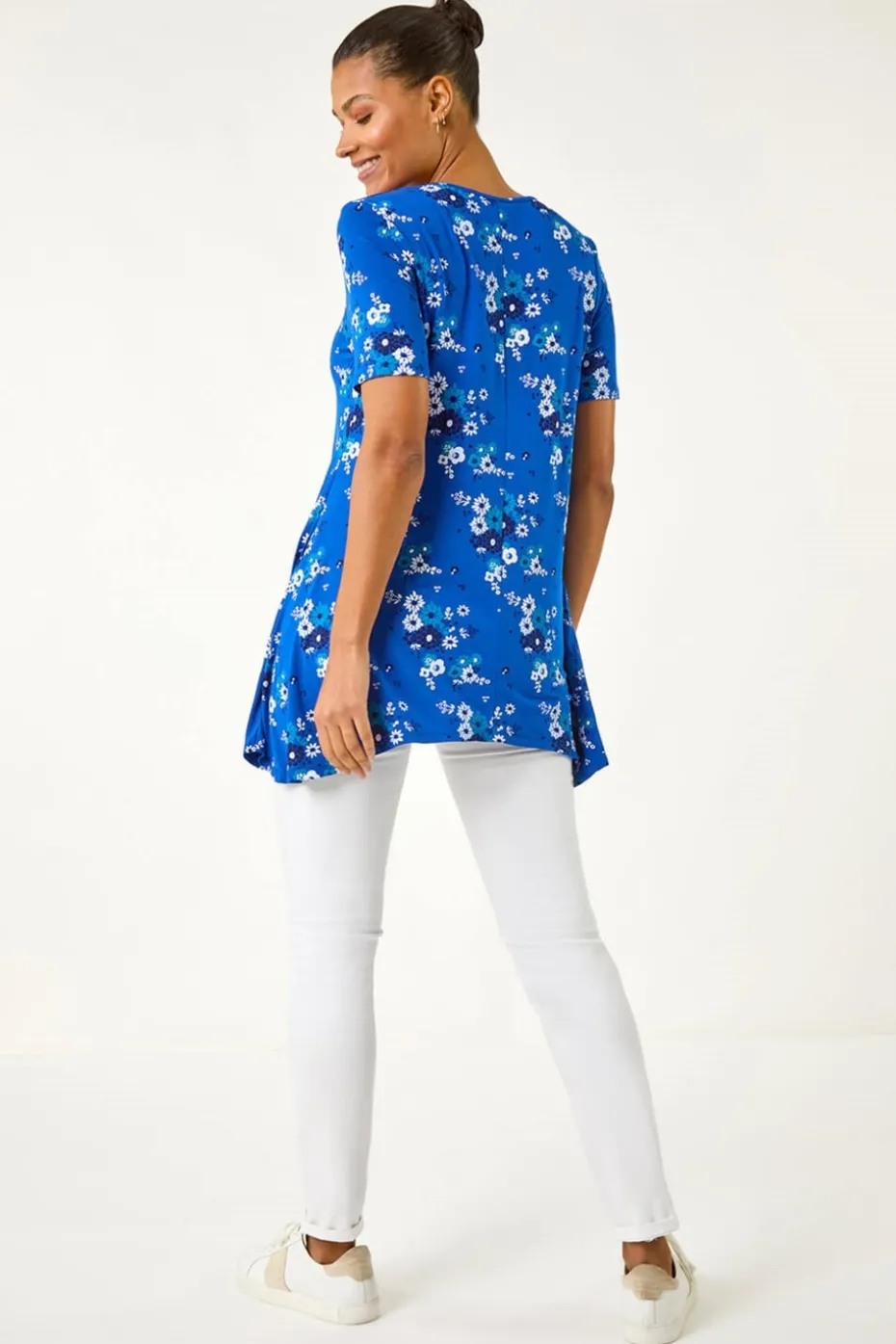 Roman Blue Floral Print Hanky Hem Tunic Top