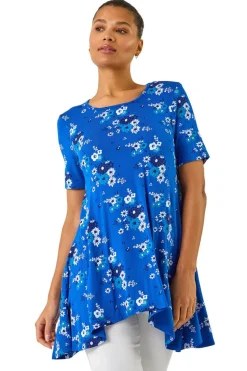 Roman Blue Floral Print Hanky Hem Tunic Top
