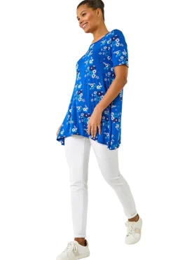 Roman Blue Floral Print Hanky Hem Tunic Top
