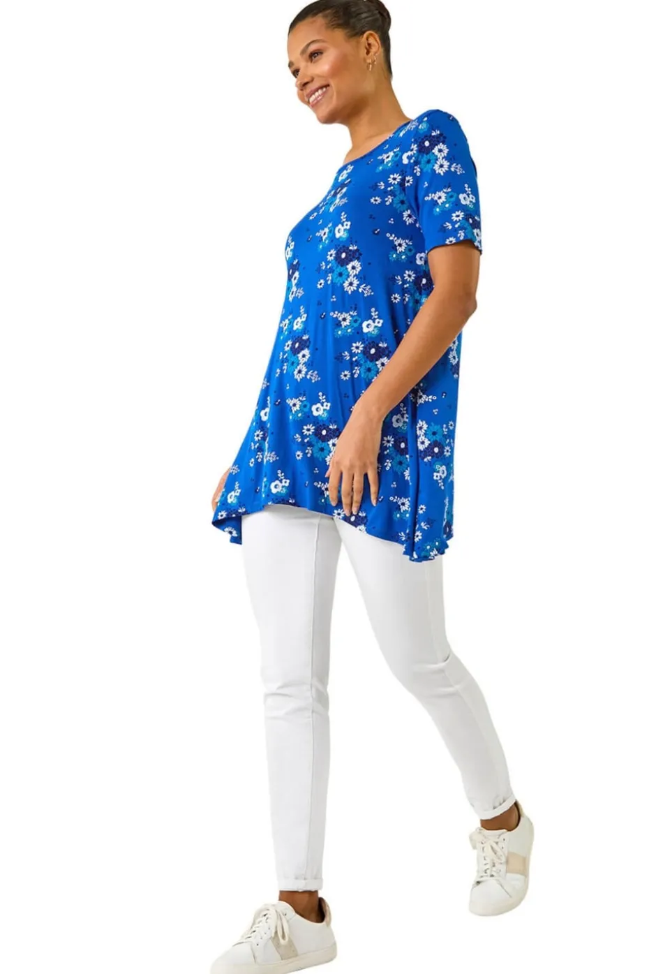 Roman Blue Floral Print Hanky Hem Tunic Top