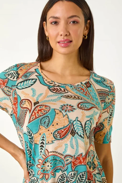 Roman Blue Floral Print Hanky Hem Tunic Top