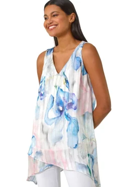 Roman Blue Floral Print Layered Tunic Top