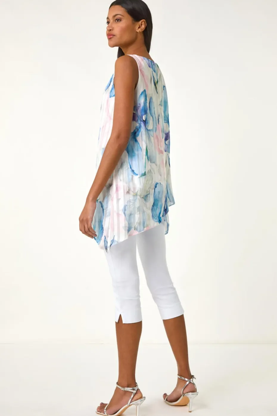 Roman Blue Floral Print Layered Tunic Top