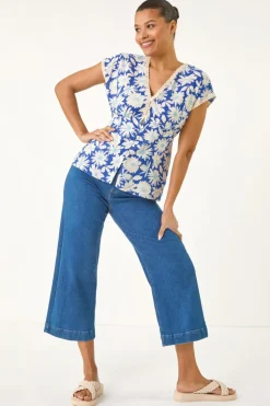 Roman Blue Floral Print Lace Trim Top