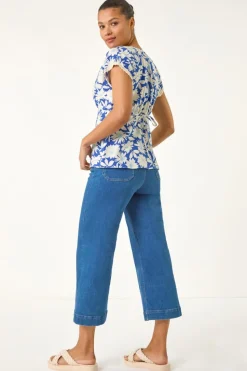 Roman Blue Floral Print Lace Trim Top