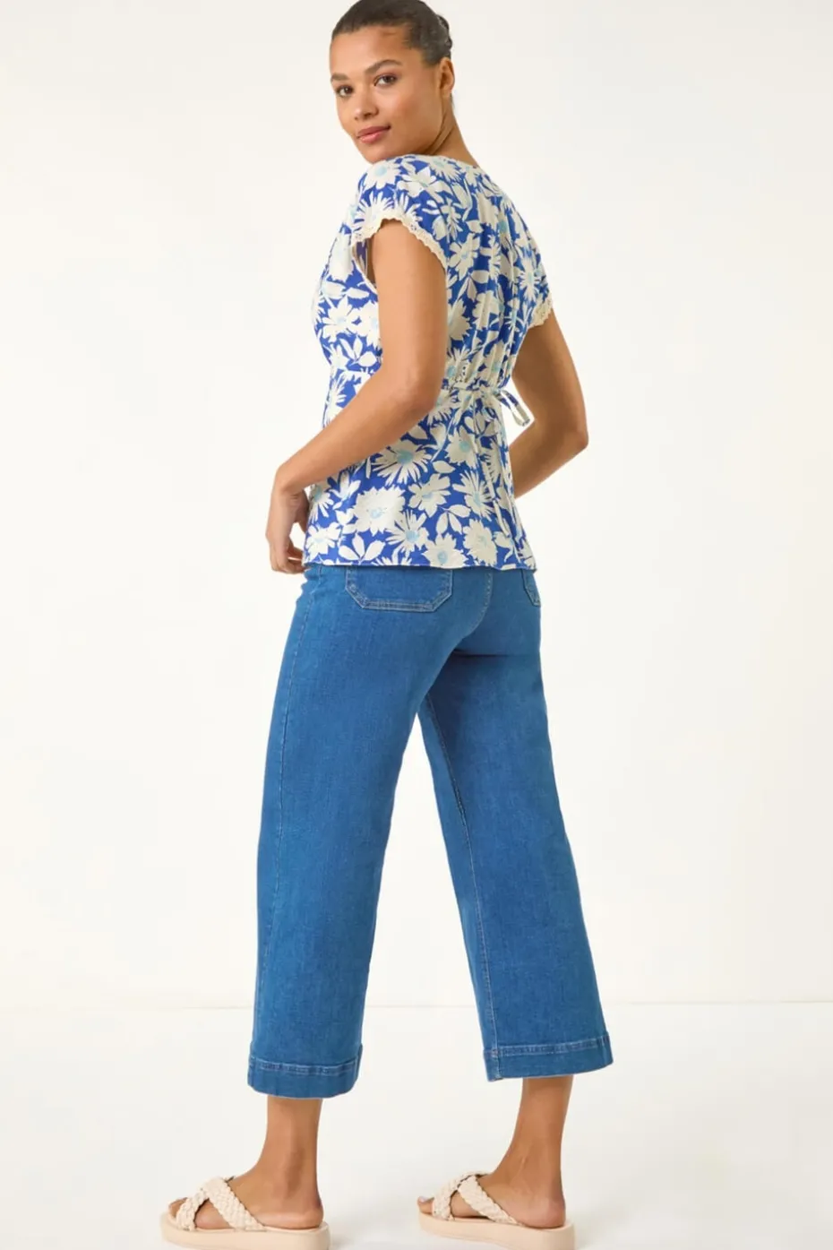 Roman Blue Floral Print Lace Trim Top