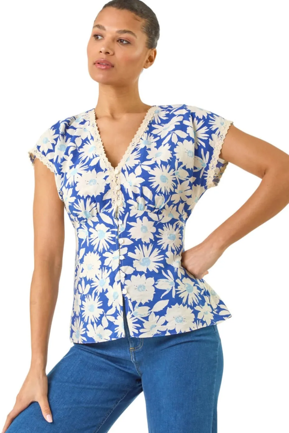 Roman Blue Floral Print Lace Trim Top