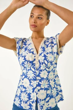 Roman Blue Floral Print Lace Trim Top