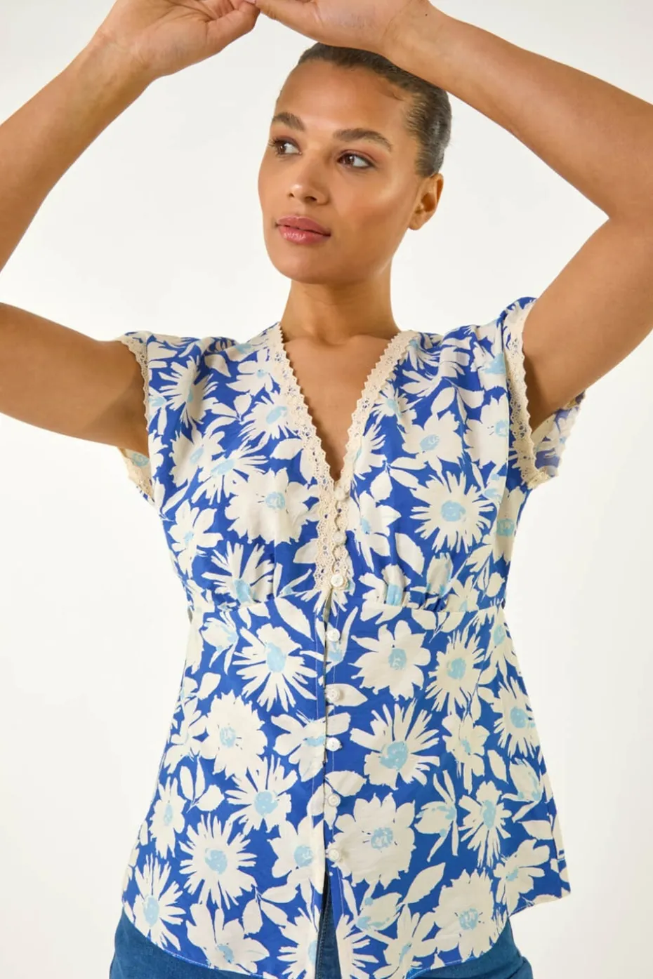 Roman Blue Floral Print Lace Trim Top