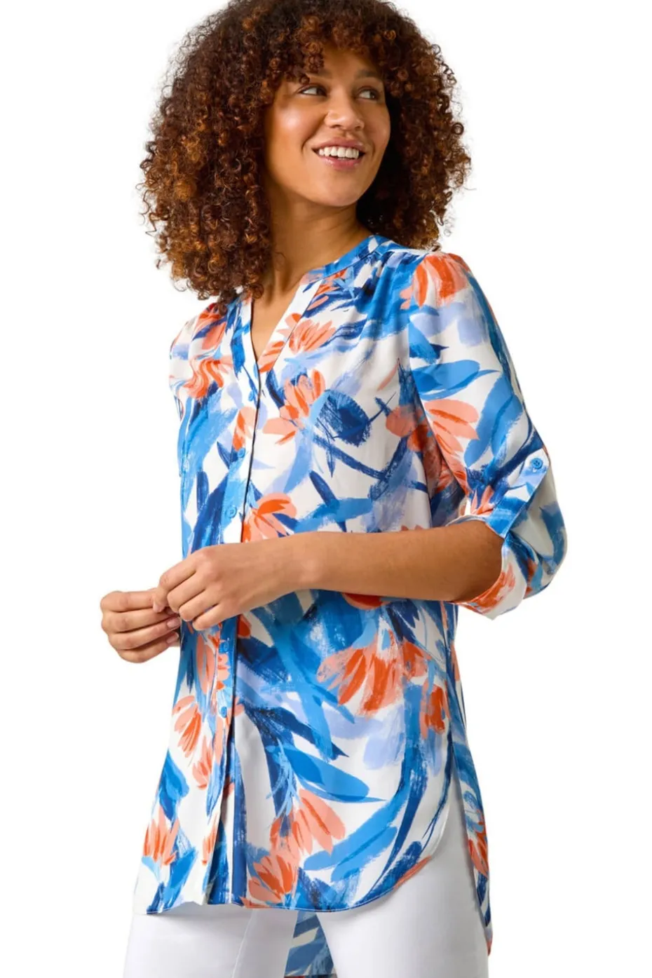 Roman Blue Floral Print Longline Blouse