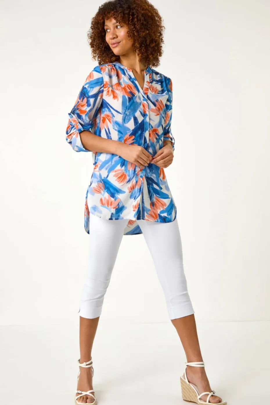 Roman Blue Floral Print Longline Blouse