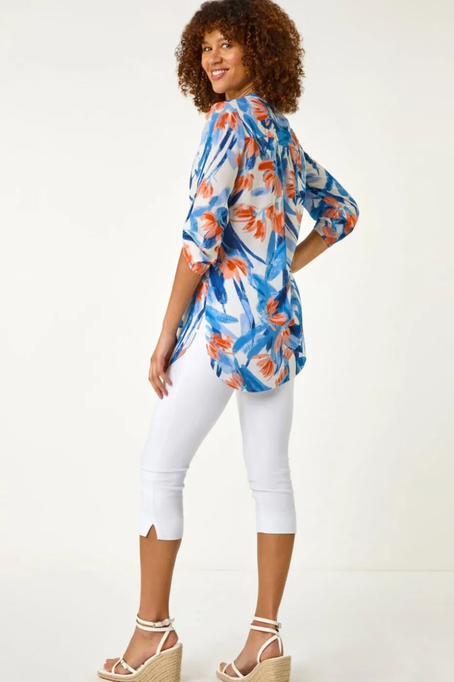 Roman Blue Floral Print Longline Blouse