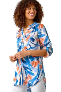 Roman Blue Floral Print Longline Blouse