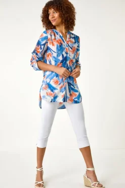 Roman Blue Floral Print Longline Blouse
