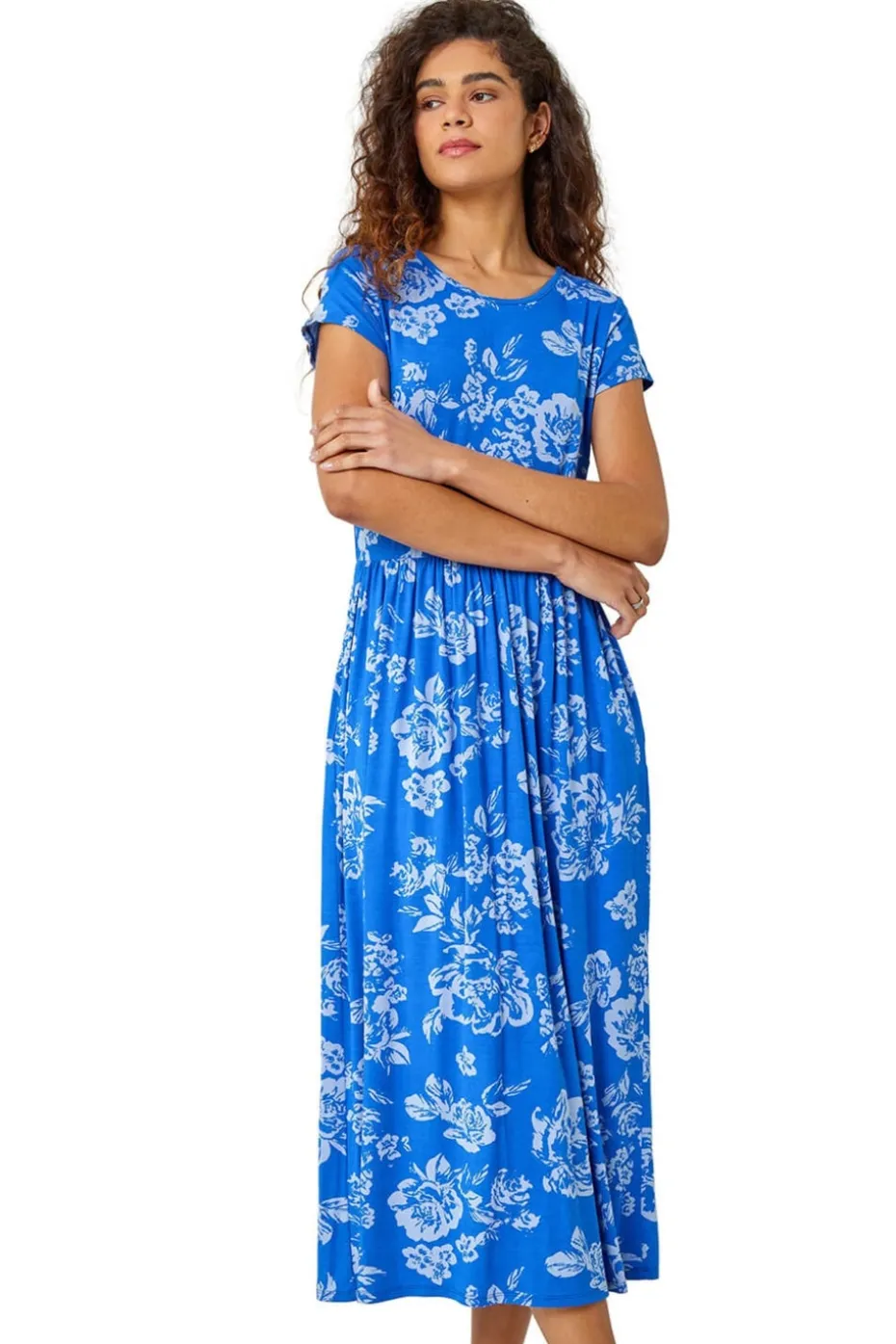 Roman Blue Floral Print Midi Stretch Dress