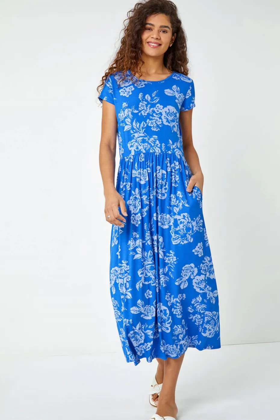 Roman Blue Floral Print Midi Stretch Dress