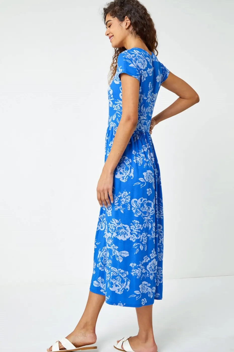 Roman Blue Floral Print Midi Stretch Dress
