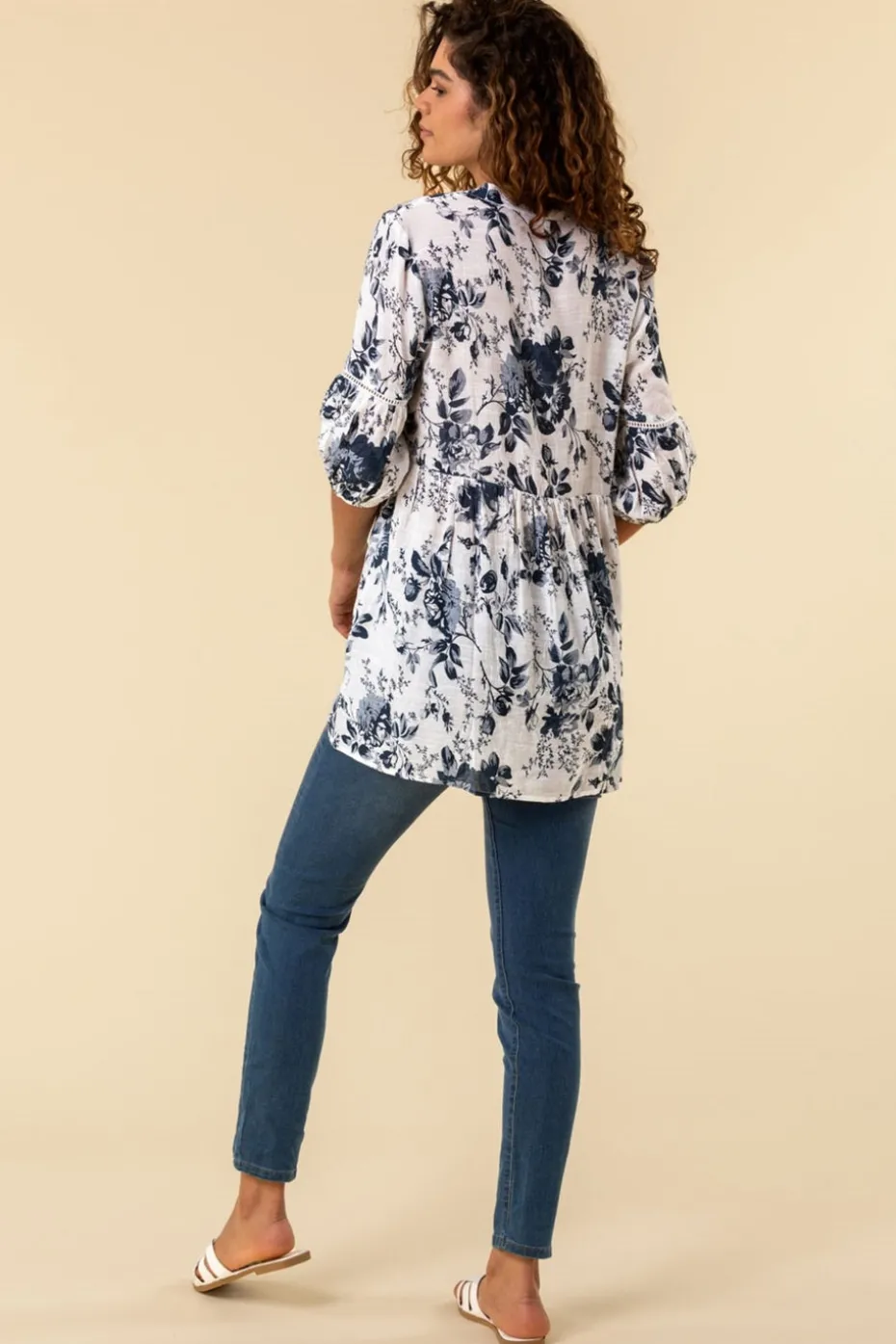 Roman Blue Floral Print Notch Neck Top
