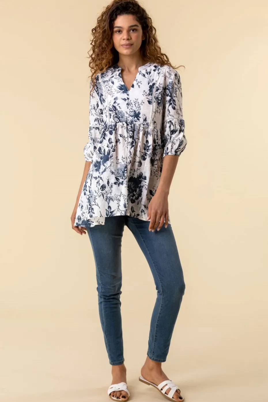 Roman Blue Floral Print Notch Neck Top