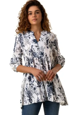 Roman Blue Floral Print Notch Neck Top