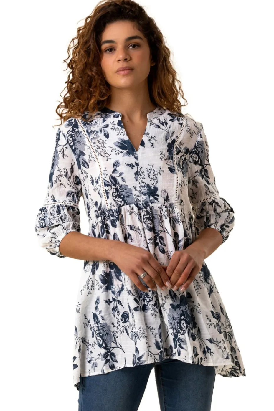 Roman Blue Floral Print Notch Neck Top