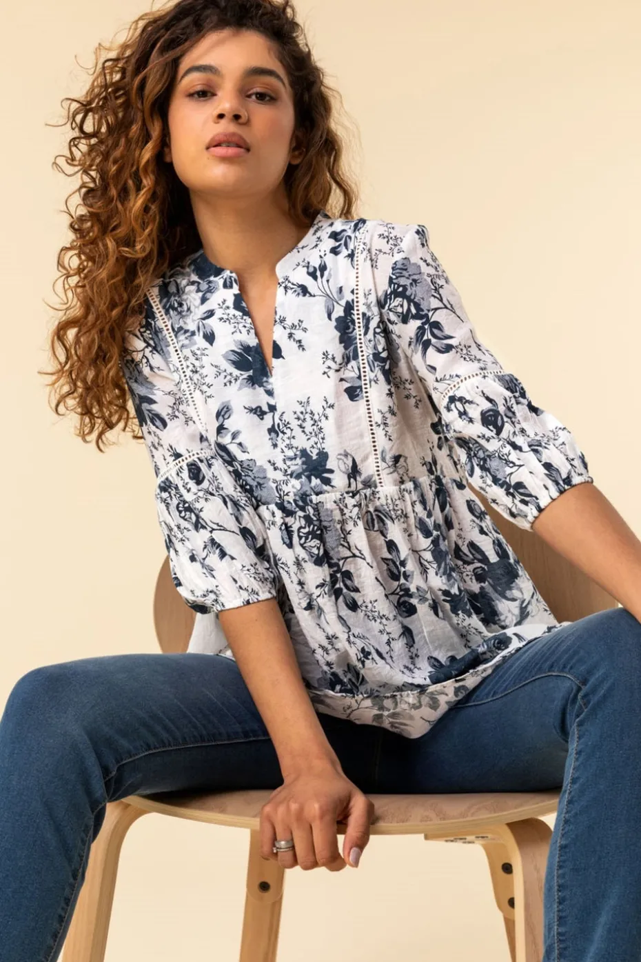 Roman Blue Floral Print Notch Neck Top