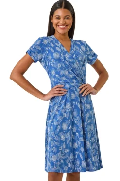Roman Blue Floral Print Ring Detail Midi Dress