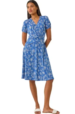 Roman Blue Floral Print Ring Detail Midi Dress