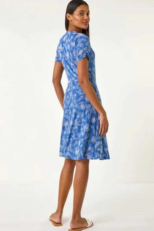 Roman Blue Floral Print Ring Detail Midi Dress