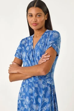 Roman Blue Floral Print Ring Detail Midi Dress