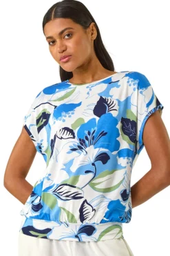 Roman Blue Floral Print Short Sleeve Top