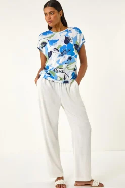 Roman Blue Floral Print Short Sleeve Top