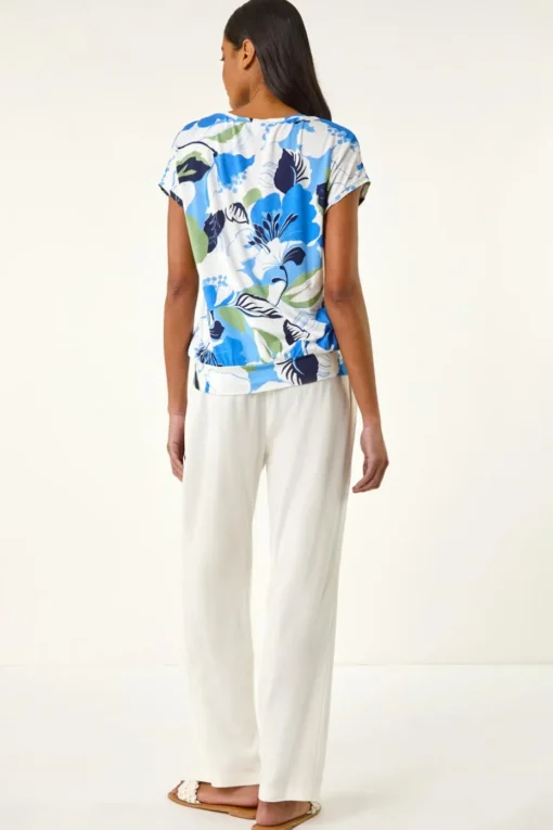 Roman Blue Floral Print Short Sleeve Top