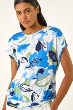 Roman Blue Floral Print Short Sleeve Top